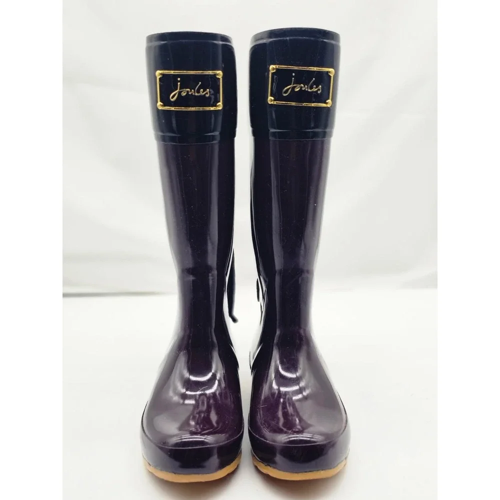 Joules Evedon Rain Boots Women Size 7 Purple Good Glossy Ribbon Back JOU300-01